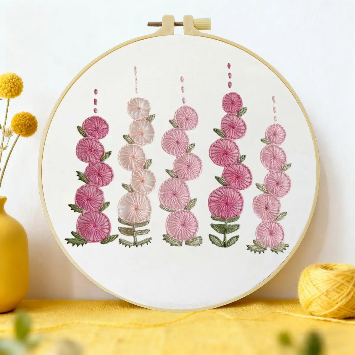 Pinkes Blumenstickset für Anfänger – Modernes DIY-Stickrahmen-Set