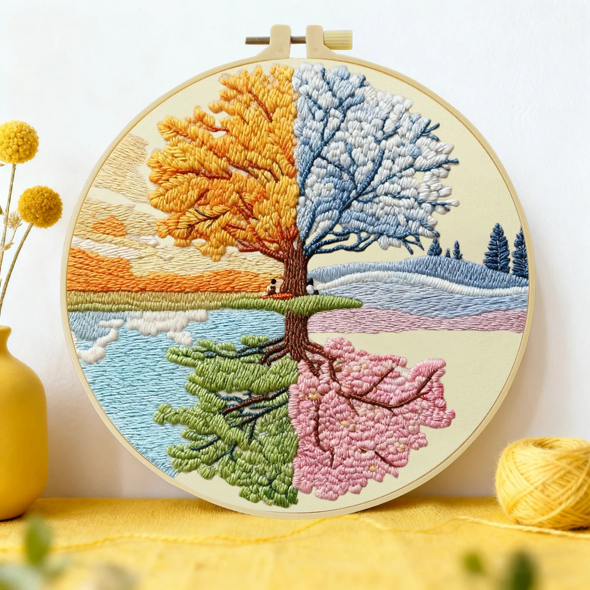 Stickset „Baum der vier Jahreszeiten“ – Frühling, Sommer, Herbst, Winterlandschaft, DIY-Stickrahmenkunst, Natur-Wanddeko, Bastelset