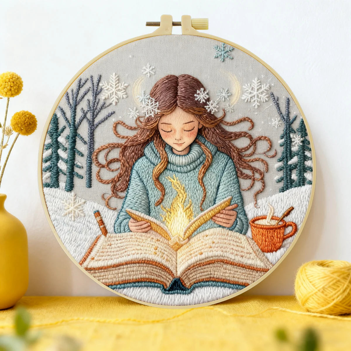 Stickset „Lesendes Mädchen im Winter“ – Einsteiger-Stickset mit gemütlichem Buchmotiv