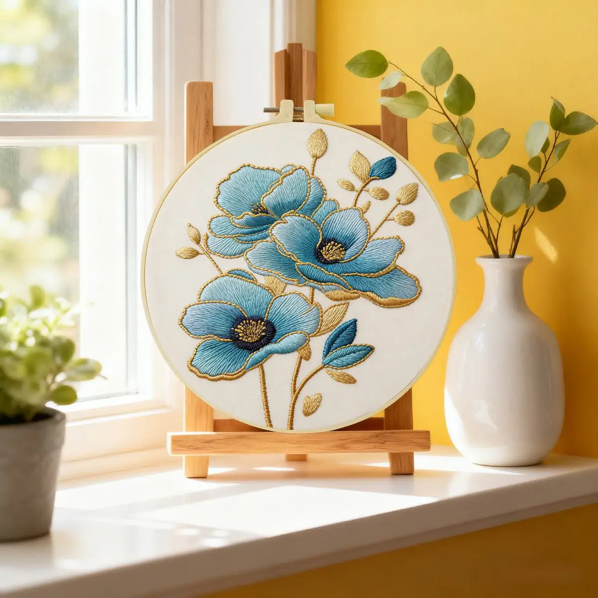 Blaues Blumenstickset – Elegante Blumenstickerei zum Selbermachen für Anfänger und Bastelbegeisterte