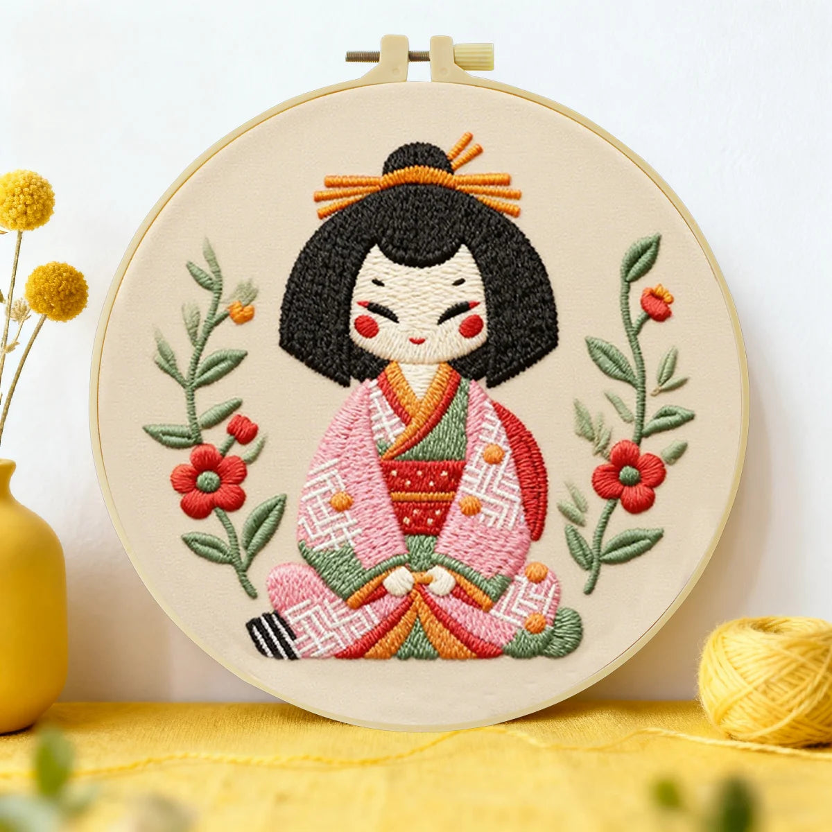 Niedliches japanisches Puppen-Stickset für Anfänger – Kawaii-Stickset mit Blumenmuster