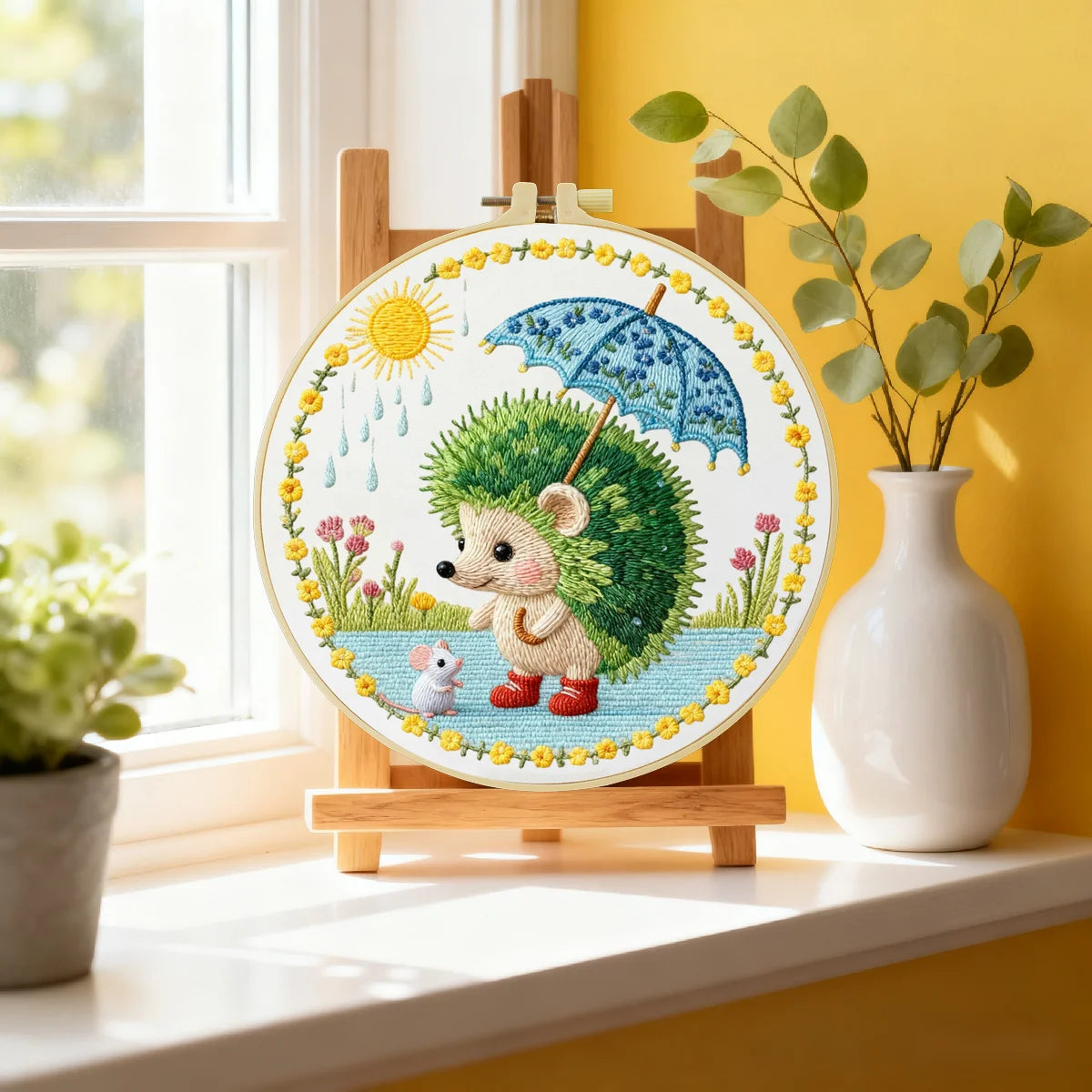 Niedliches Igel-Stickset – Waldtier mit Regenschirm zum Selbernähen, verspielte Wanddekoration fürs Kinderzimmer Niedliches Igel-Stickset – Waldtier mit Regenschirm zum Selbernähen, verspielte Wanddekoration fürs Kinderzimmer