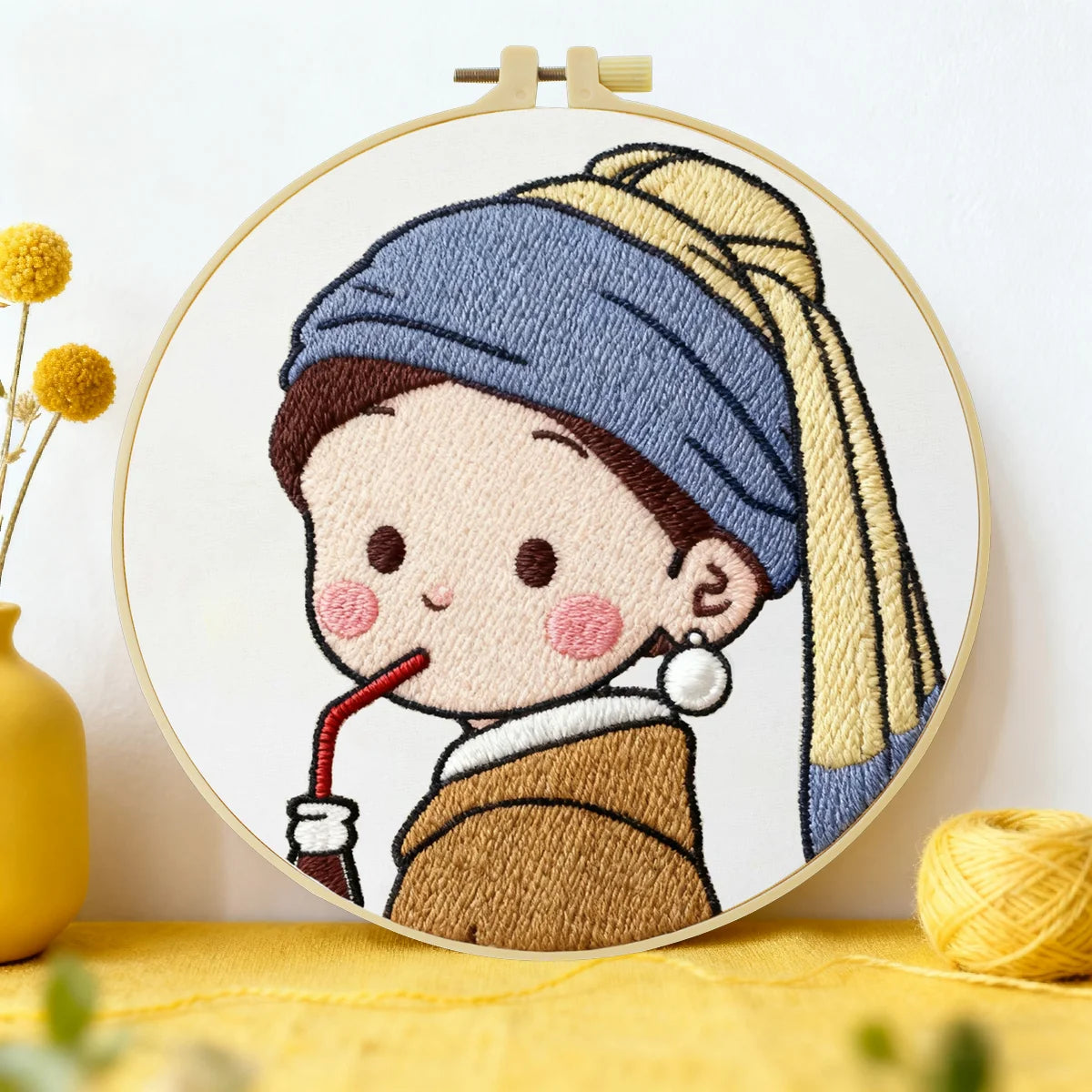 Stickset „Niedliches Mädchen trinkt Kaffee“ – DIY-Stickset für Anfänger mit Cartoon-Motiv