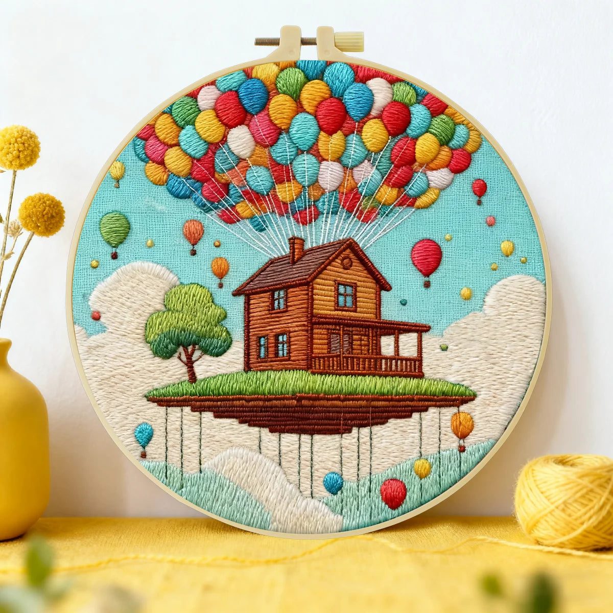 Stickset „Schwebendes Haus“ mit Ballons – DIY-Fantasielandschaft-Nähset für Anfänger
