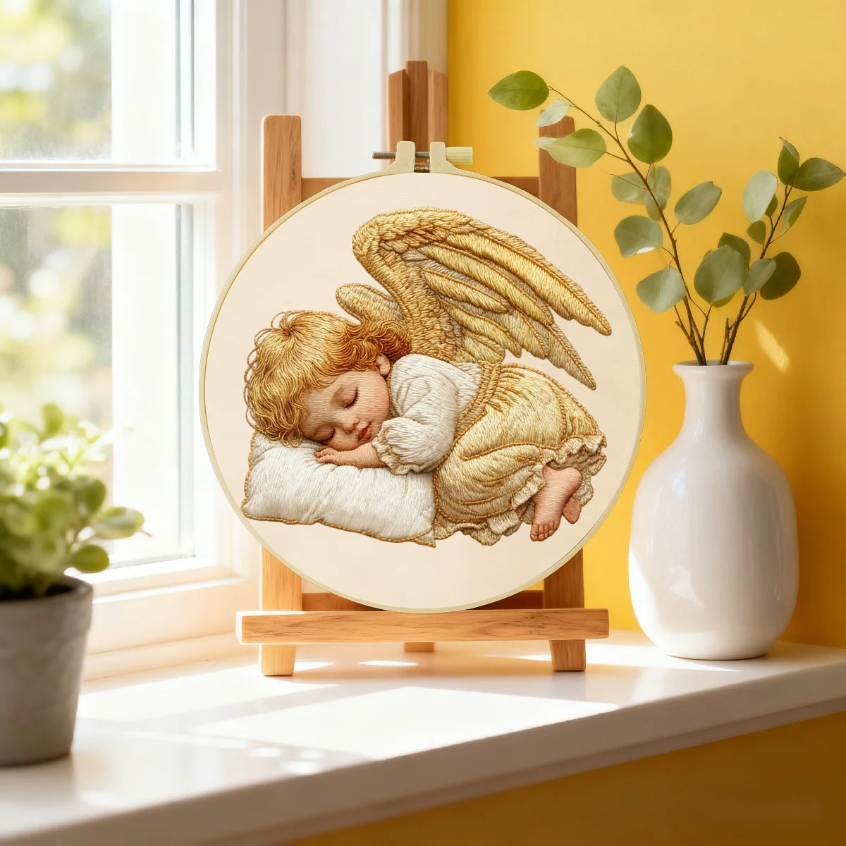 Handgefertigtes Wandbild „Schlafender Engel“ aus Stickrahmen – Babyzimmer-Dekoration aus Faser Handgefertigtes Wandbild „Schlafender Engel“ aus Stickrahmen – Babyzimmer-Dekoration aus Faser