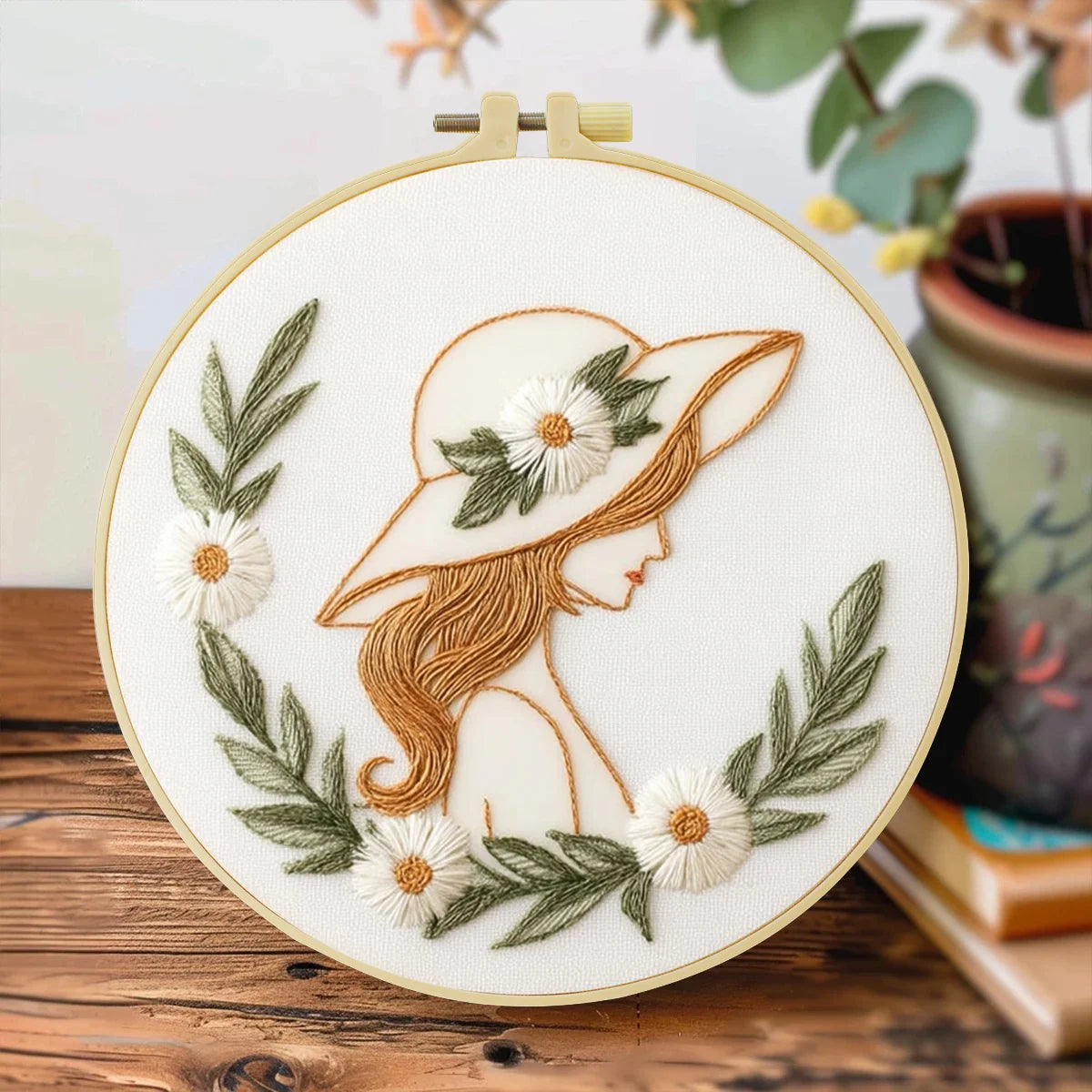 Handstickset mit Blumenmotiv eines Damenporträts