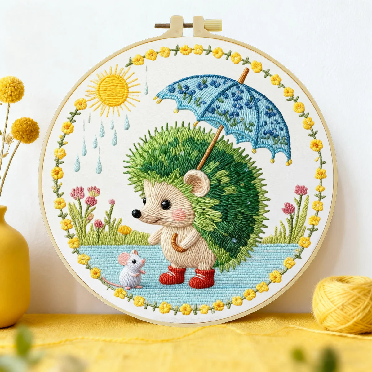 Niedliches Igel-Stickset – Waldtier mit Regenschirm zum Selbernähen, verspielte Wanddekoration fürs Kinderzimmer