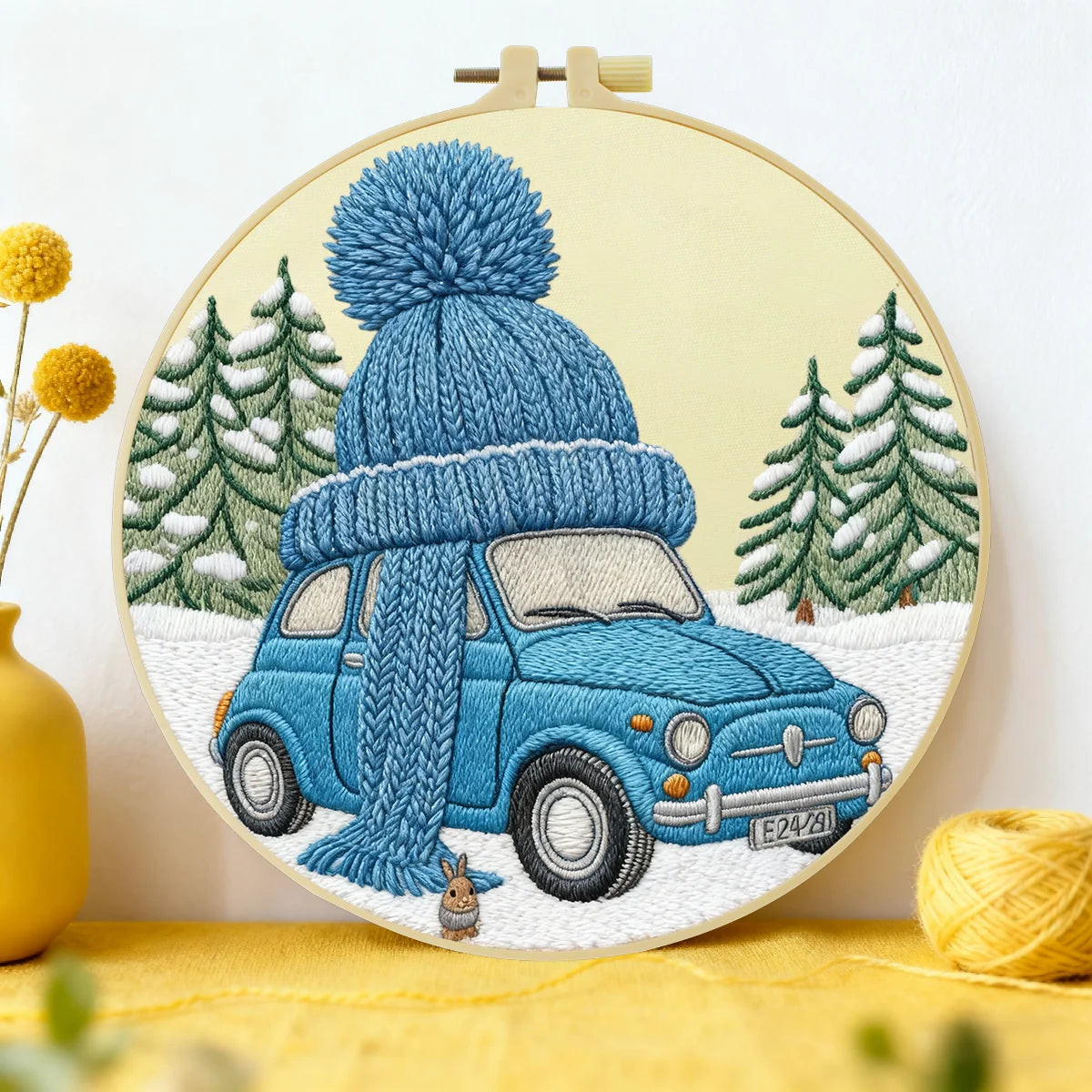 Winterliches Auto-Stickset für Anfänger – Niedliches DIY-Stickset mit Schneemotiv für Anfänger