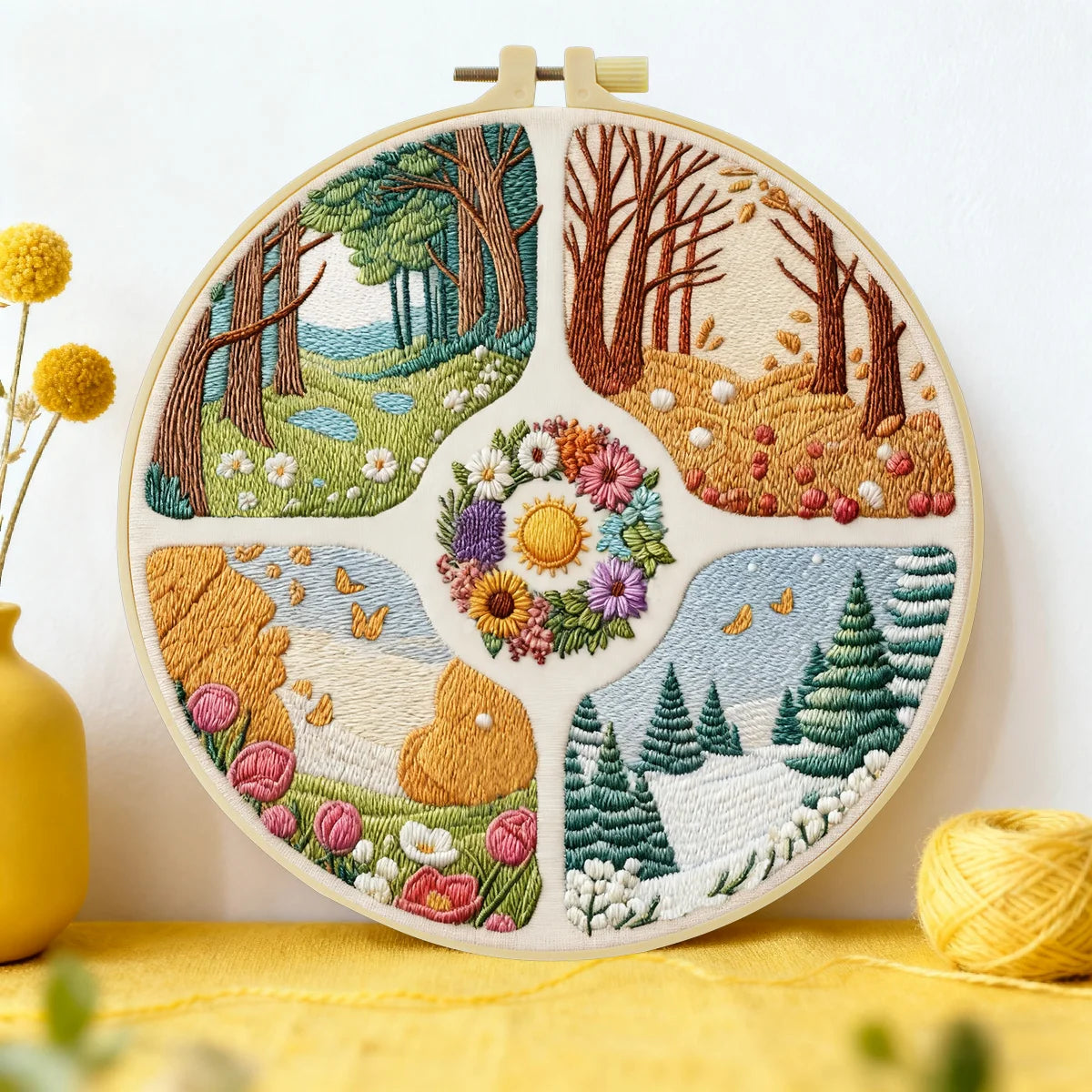 Stickset „Landschaftsmotiv für alle Jahreszeiten“ – Frühling, Sommer, Herbst, Winter – DIY-Nähprojekt, Wanddekoration im Natur-Stickrahmen