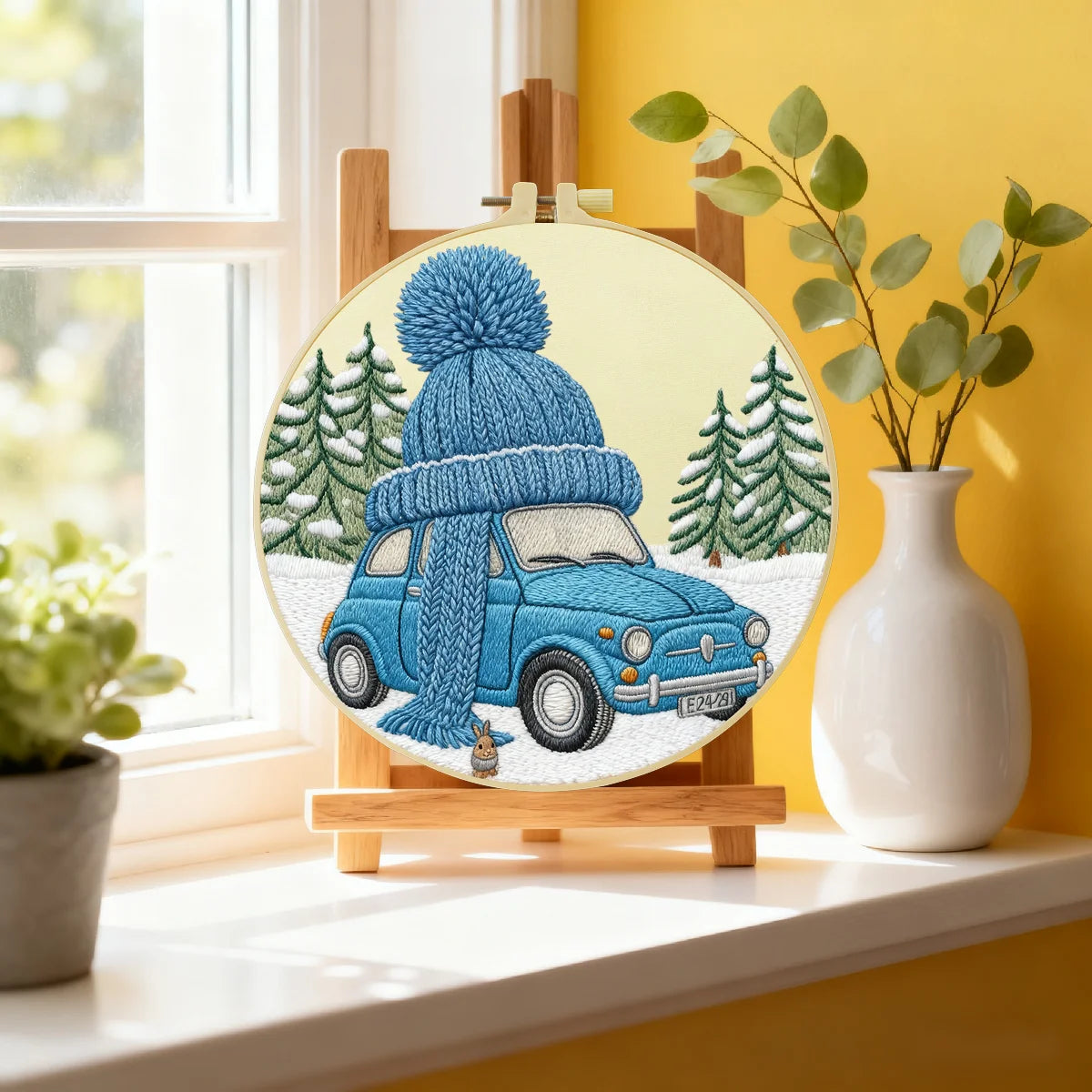Winterliches Auto-Stickset für Anfänger – Niedliches DIY-Stickset mit Schneemotiv für Anfänger