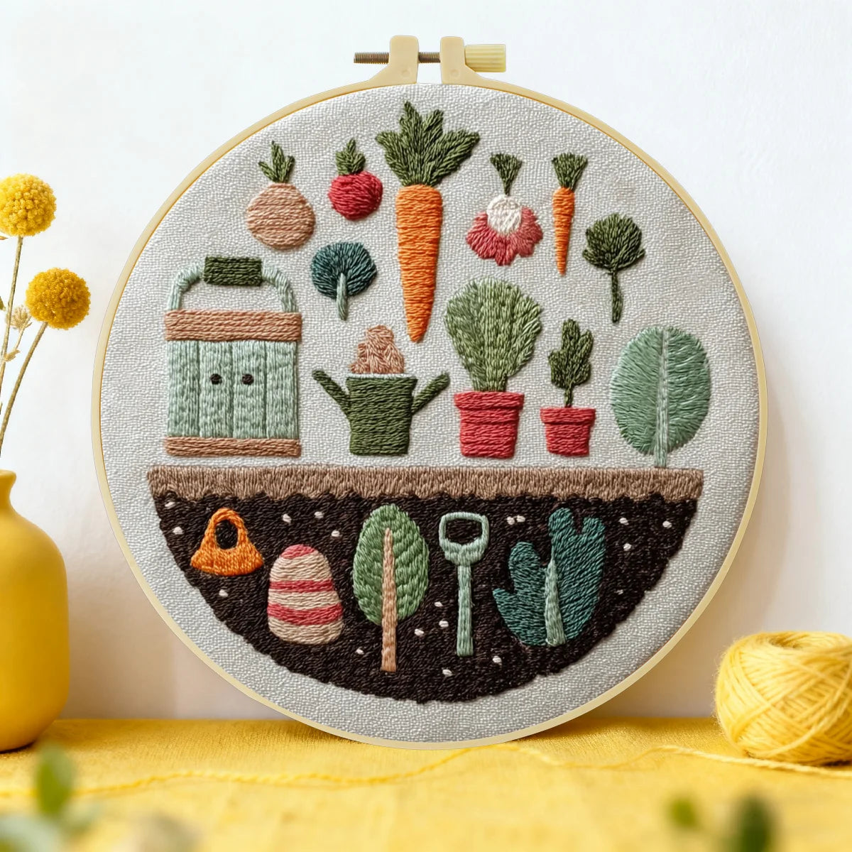 Handbestickte Gartenwandkunst – Dekoration mit Gemüse- und Pflanzenmotiven