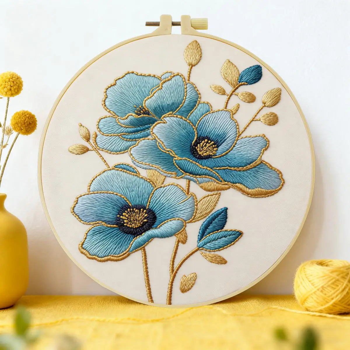 Blaues Blumenstickset – Elegante Blumenstickerei zum Selbermachen für Anfänger und Bastelbegeisterte