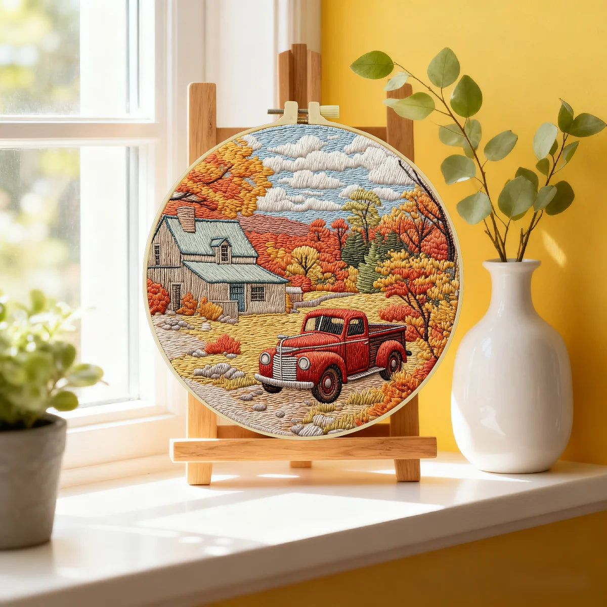 Herbstliches Bauernhaus-Stickset – Vintage-Truck-Herbstlandschaft zum Selbernähen, rustikale Wanddekoration