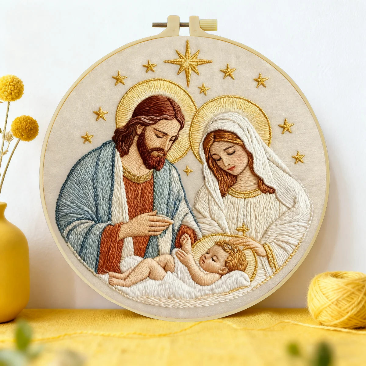 Stickset „Heilige Familie“ – Jesus, Maria, Josef – Religiöse DIY-Stickerei im Stickrahmen, Christliche Weihnachtsdekoration