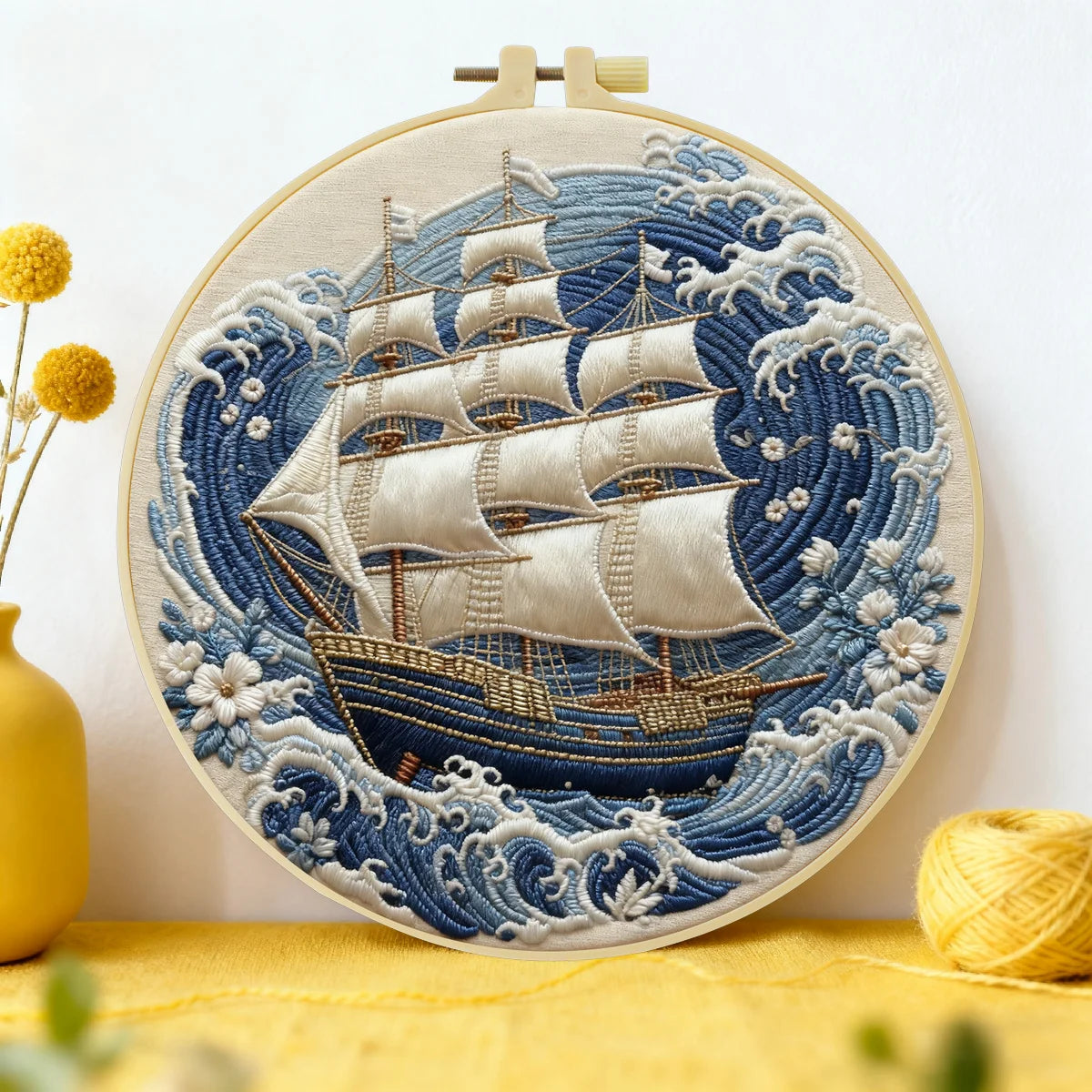 Vintage-Segelschiff-Stickset – Maritimes DIY-Nähprojekt mit Meereswellenmotiv, maritime Wanddekoration im Küstenstil