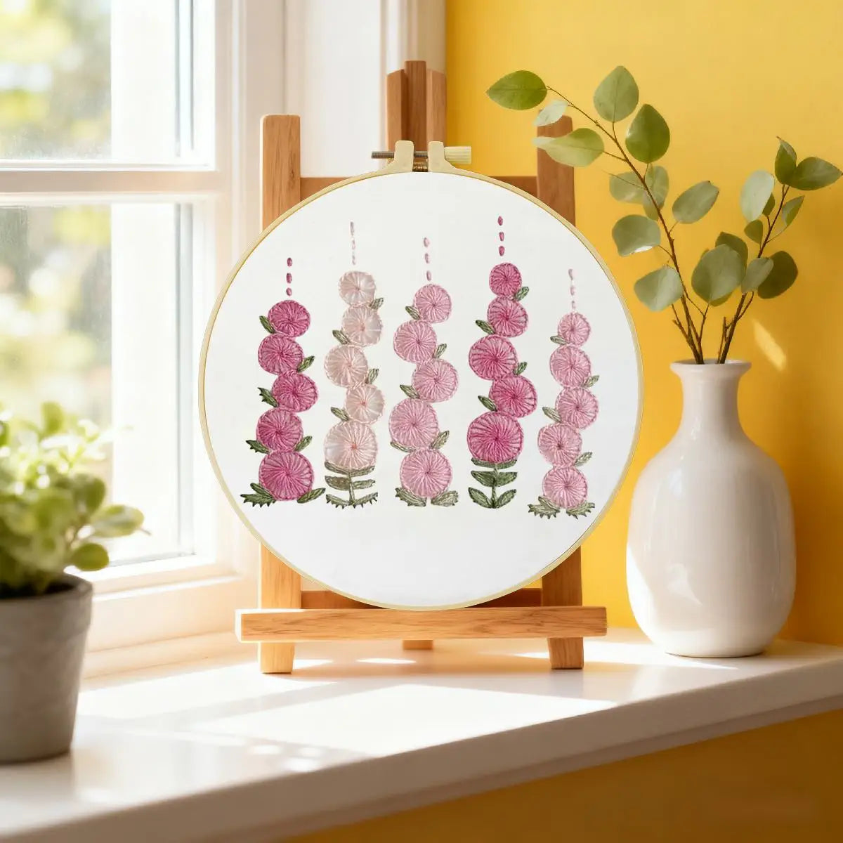Pinkes Blumenstickset für Anfänger – Modernes DIY-Stickrahmen-Set