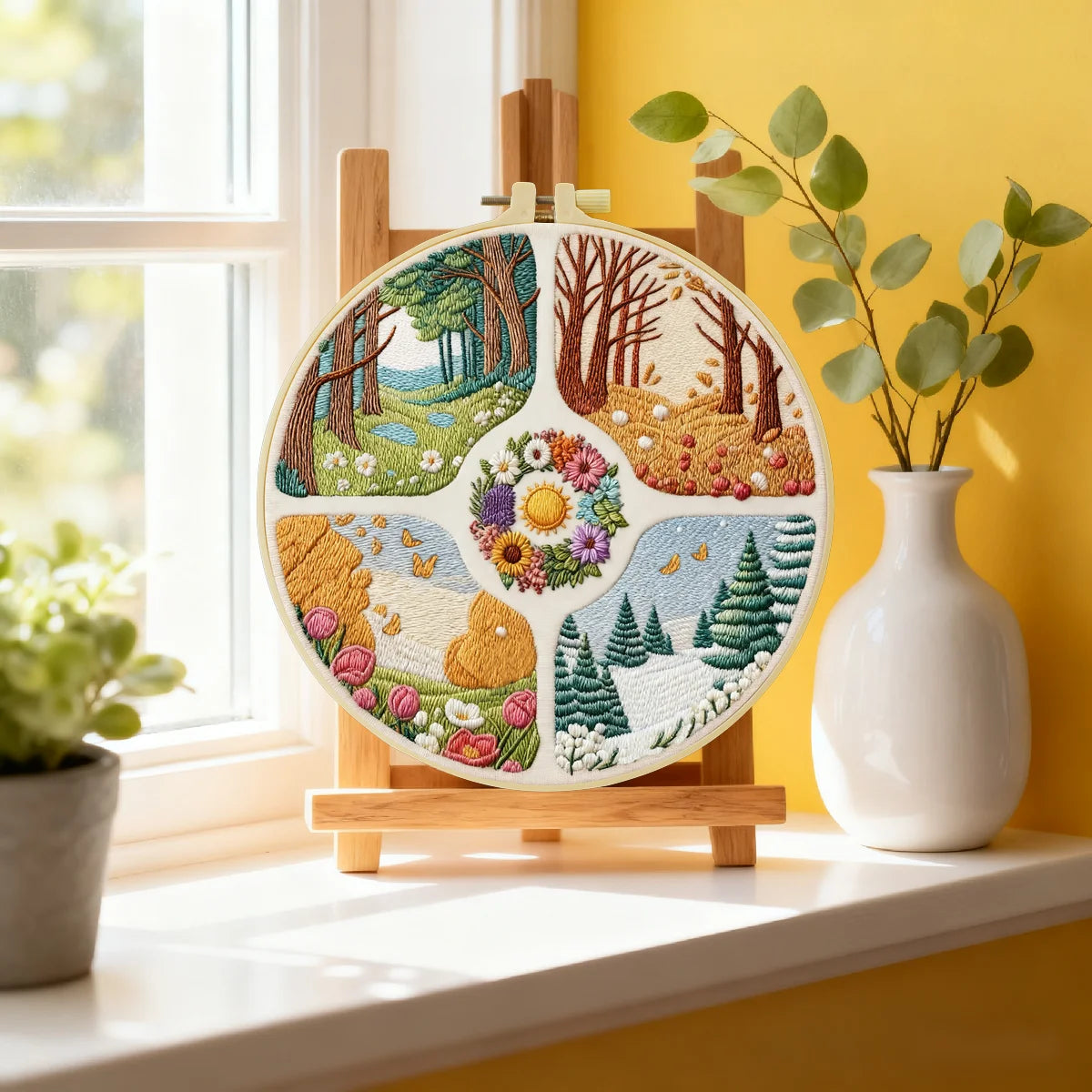 Stickset „Landschaftsmotiv für alle Jahreszeiten“ – Frühling, Sommer, Herbst, Winter – DIY-Nähprojekt, Wanddekoration im Natur-Stickrahmen