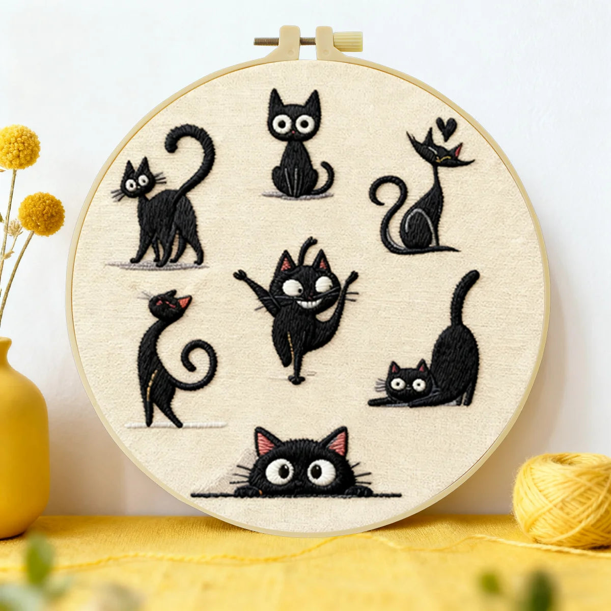 Niedliches Stickset „Schwarze Katze“ – DIY-Stickset für Anfänger mit Cartoon-Tiermotiven