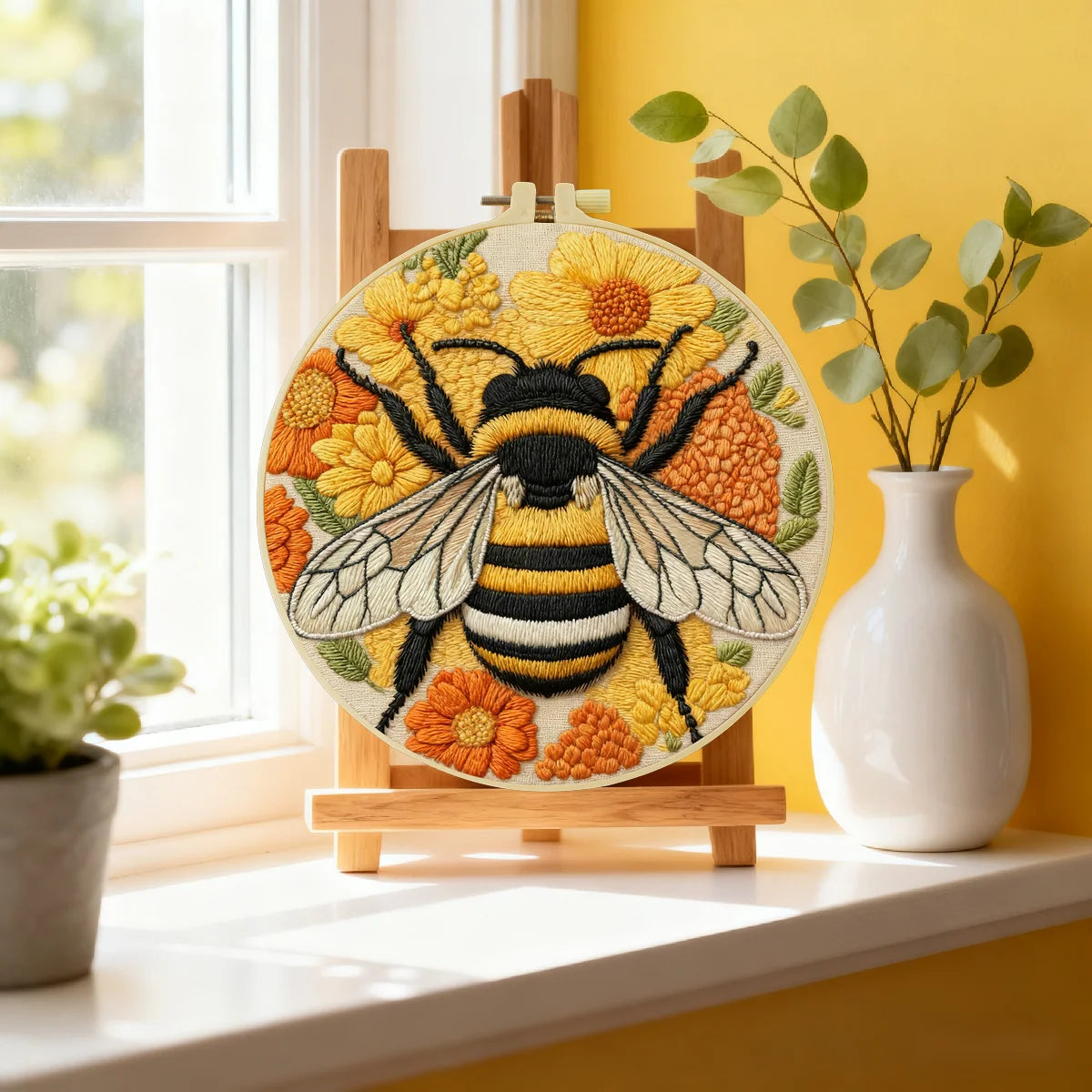 Handgefertigte Wanddekoration mit Hummelmotiv im Stickrahmen – Florale Bienen-Cottagecore-Faserdeko Handgefertigte Wanddekoration mit Hummelmotiv im Stickrahmen – Florale Bienen-Cottagecore-Faserdeko