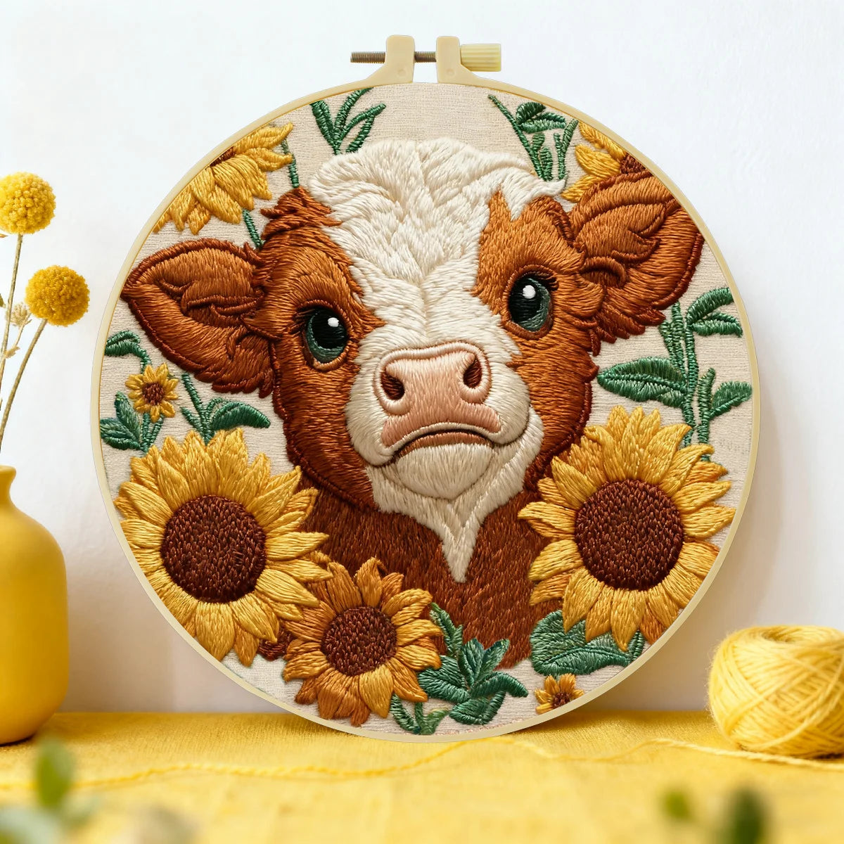 Hochlandrind mit Sonnenblumen – Stickset für Anfänger mit Bauernhoftiermotiv, inklusive Stickrahmen, Vorlage und Garn