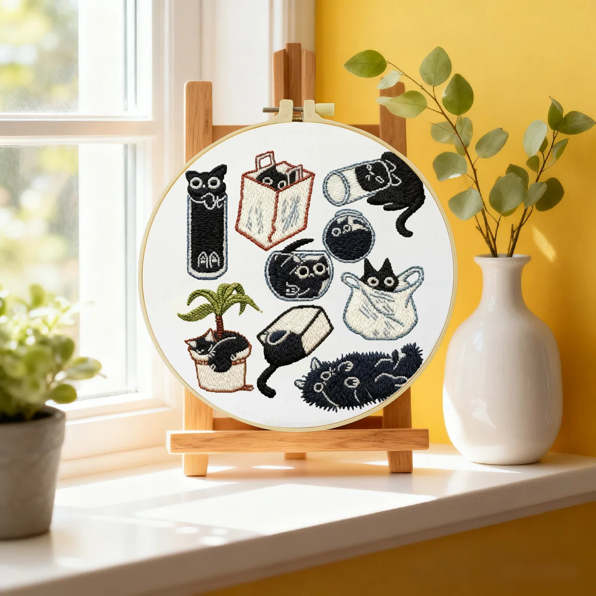 Stickset „Schwarze Katze“ – Niedliches Cartoon-Stickset für Anfänger mit Stickrahmen, Vorlage und Garn Stickset „Schwarze Katze“ – Niedliches Cartoon-Stickset für Anfänger mit Stickrahmen, Vorlage und Garn