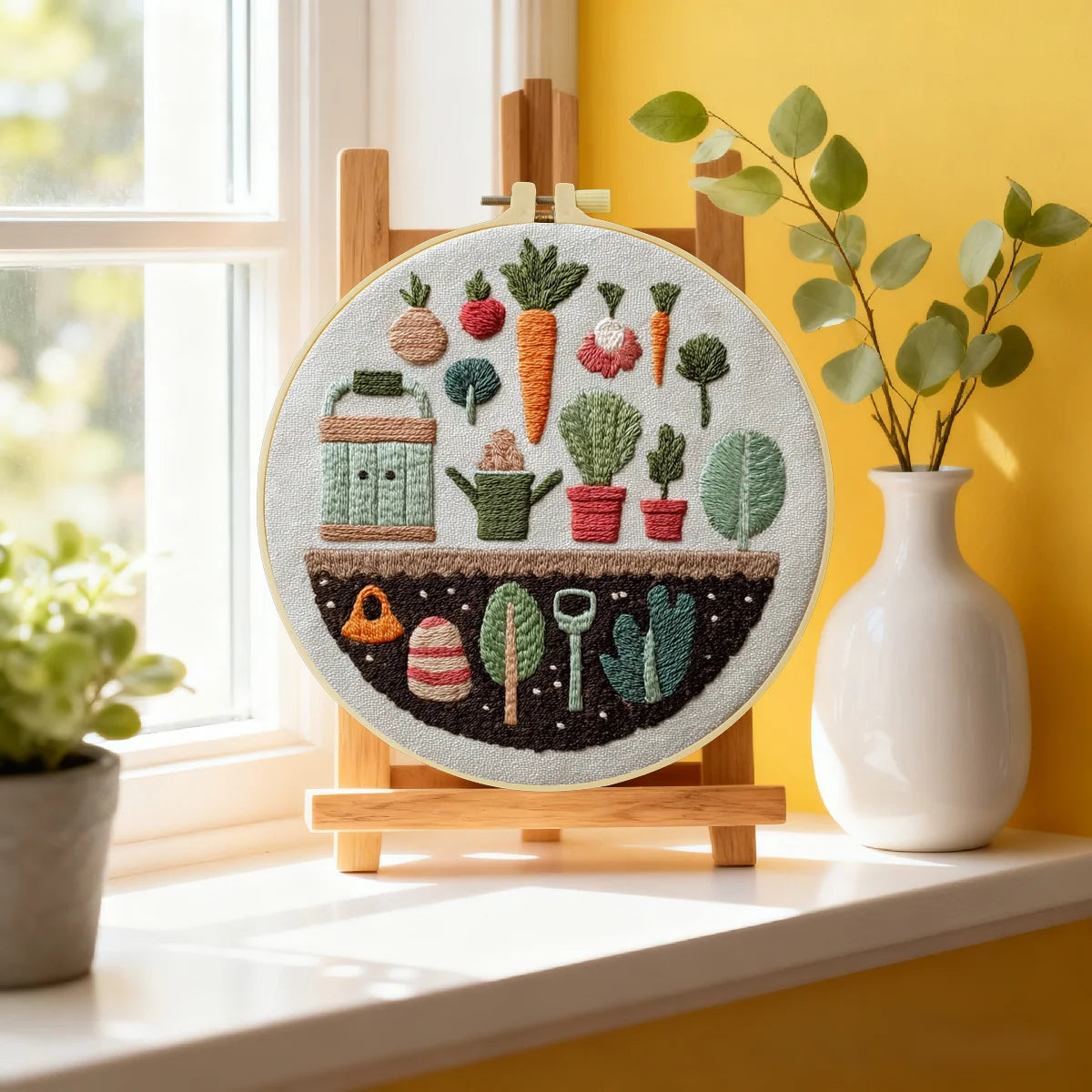Handbestickte Gartenwandkunst – Dekoration mit Gemüse- und Pflanzenmotiven Handbestickte Gartenwandkunst – Dekoration mit Gemüse- und Pflanzenmotiven
