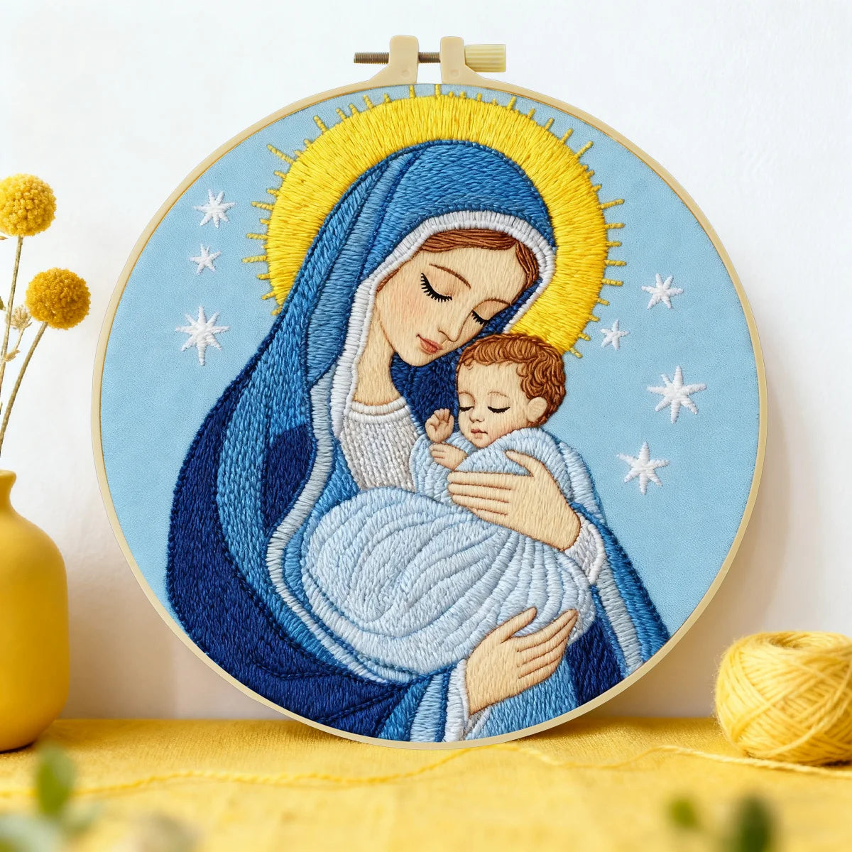 Stickset für Anfänger: Jungfrau Maria und Jesuskind – Religiöses Handstickset mit sakralem Motiv