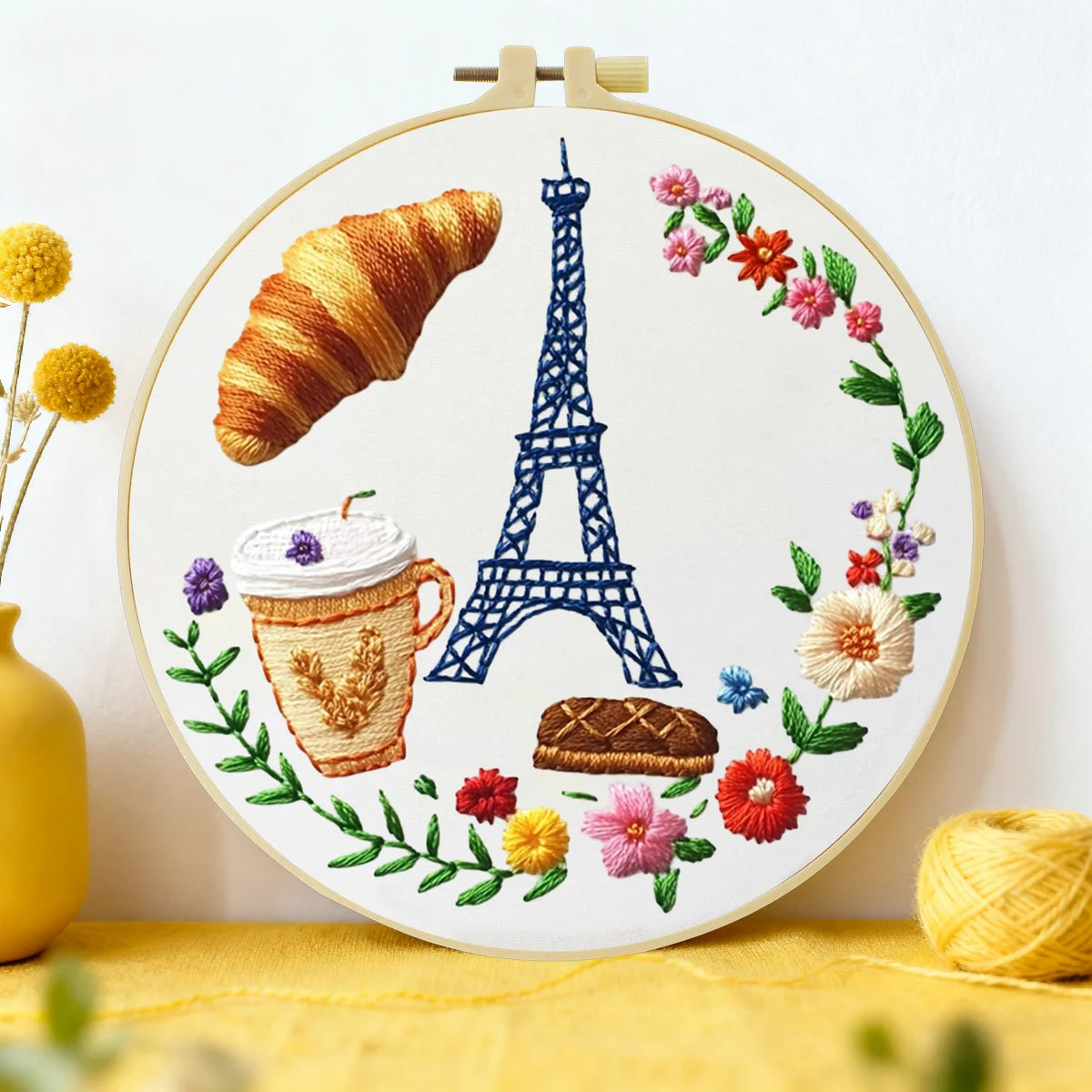 Paris Café Stick-Starterset – DIY Eiffelturm & Gebäck-Nähset für Anfänger