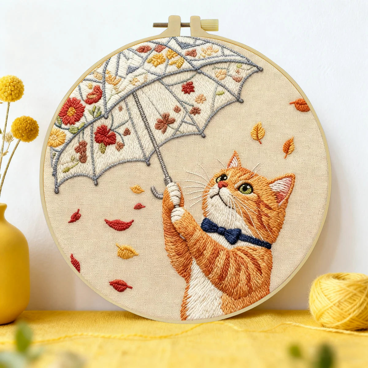 Niedliches Katzen-Stickset mit Regenschirm – DIY-Starterset für Anfänger mit Tiermotiven im Herbstdesign