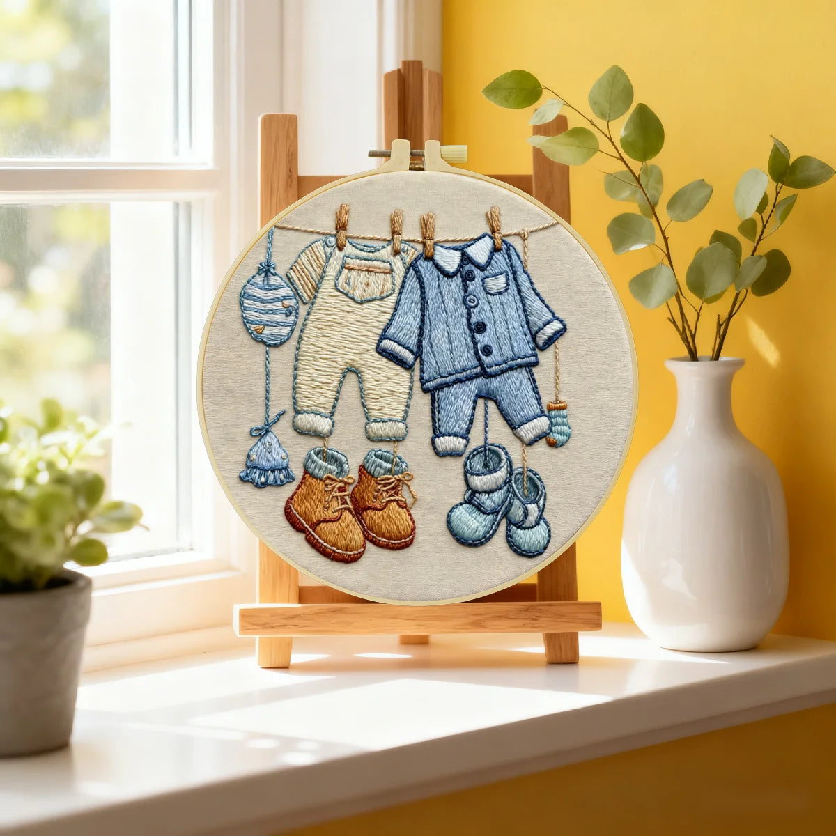 Handgefertigte Wanddekoration mit Stickrahmen für Babykleidung – Süße Wäscheleinen-Dekoration fürs Kinderzimmer Handgefertigte Wanddekoration mit Stickrahmen für Babykleidung – Süße Wäscheleinen-Dekoration fürs Kinderzimmer