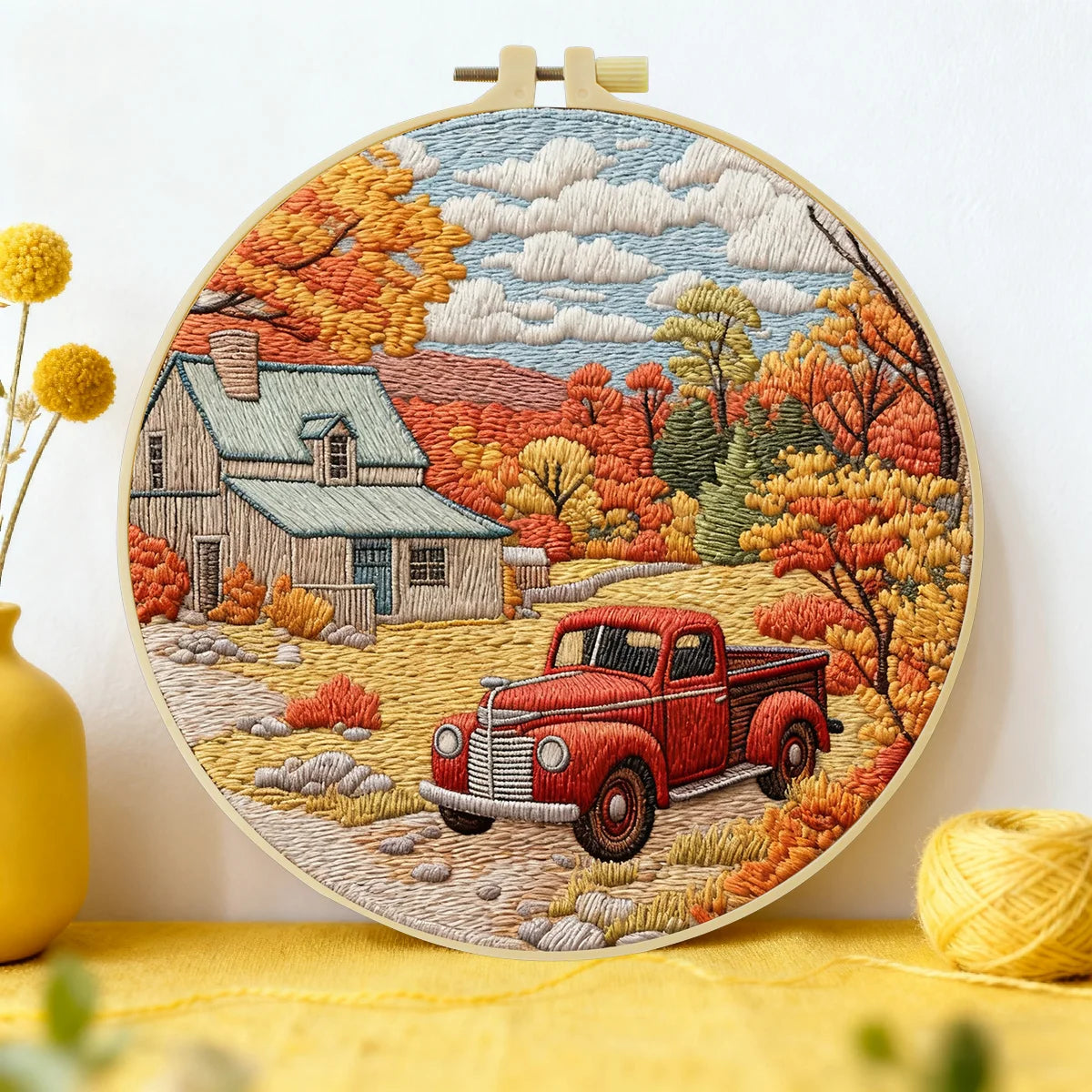 Herbstliches Bauernhaus-Stickset – Vintage-Truck-Herbstlandschaft zum Selbernähen, rustikale Wanddekoration