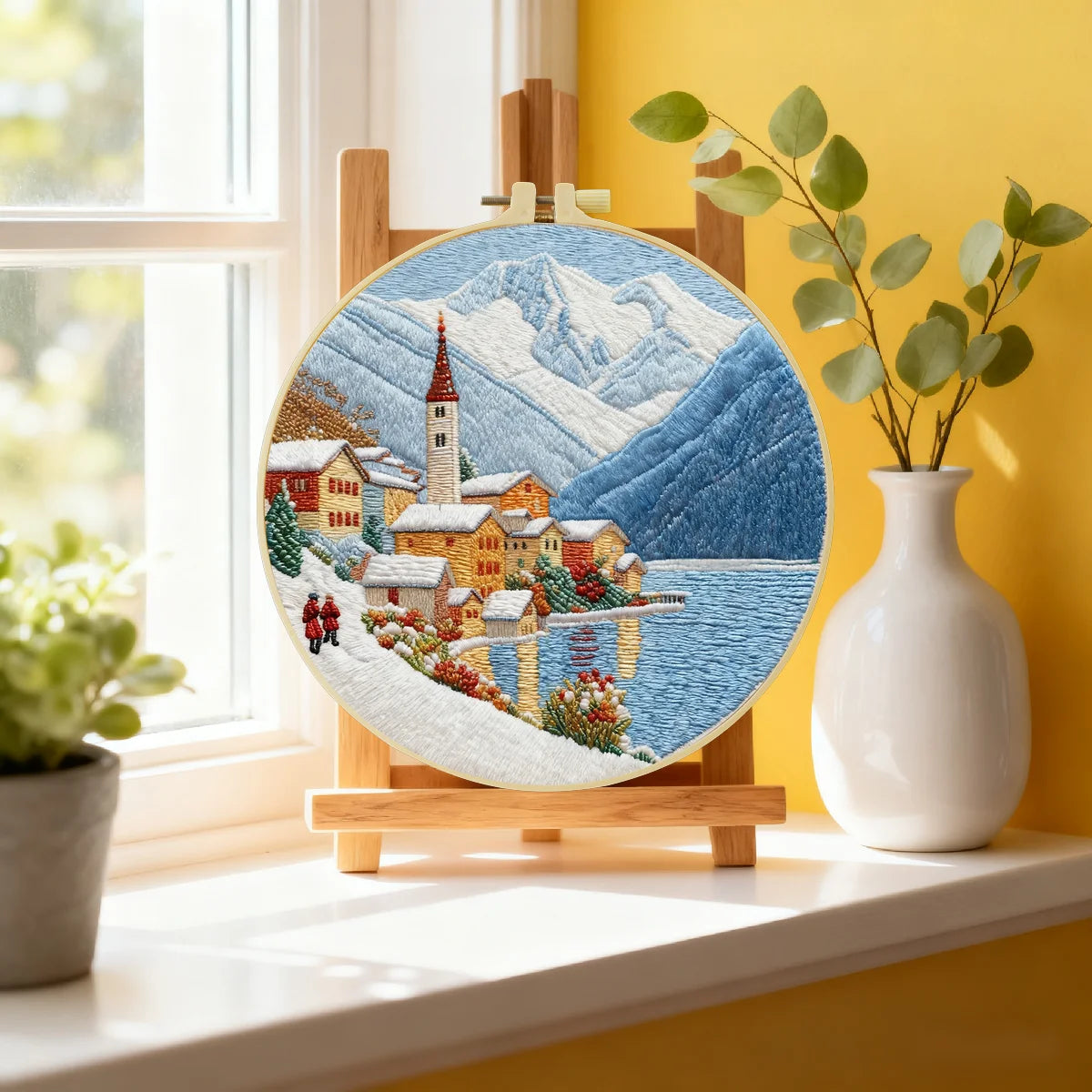 Stickset „Schneebedecktes Bergdorf“ – Winterliche Alpenlandschaft zum Selbernähen, Wandbild mit Seemotiv Stickset „Schneebedecktes Bergdorf“ – Winterliche Alpenlandschaft zum Selbernähen, Wandbild mit Seemotiv
