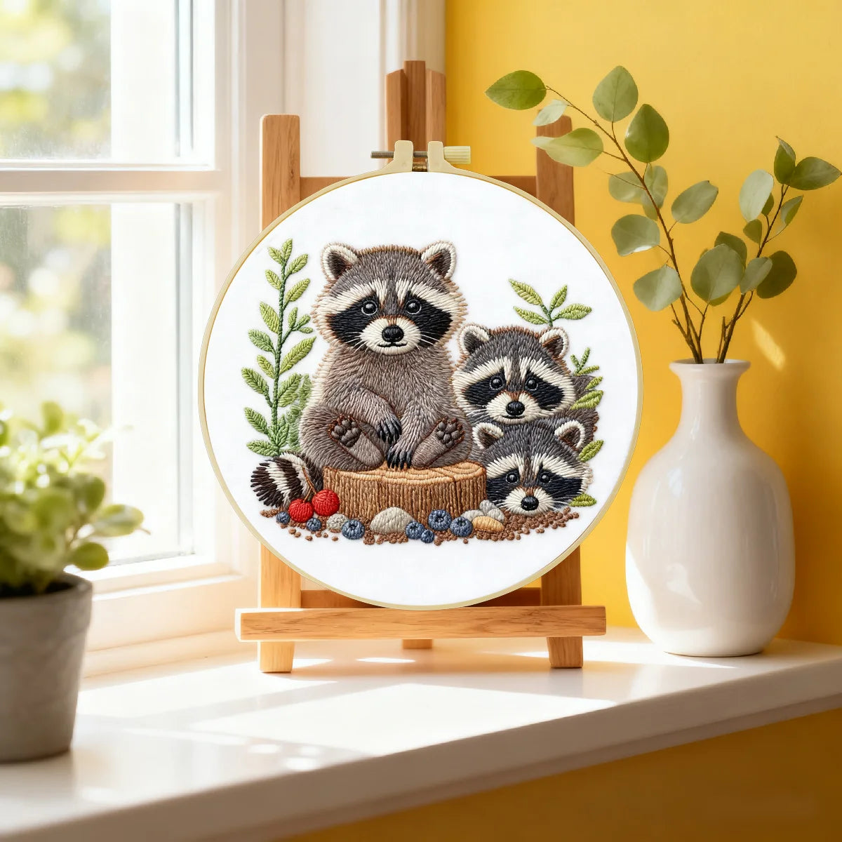 Niedliches Waschbärfamilien-Stickset – DIY-Stickerei mit Waldtieren, Bastelset für die Wanddekoration im Kinderzimmer Niedliches Waschbärfamilien-Stickset – DIY-Stickerei mit Waldtieren, Bastelset für die Wanddekoration im Kinderzimmer