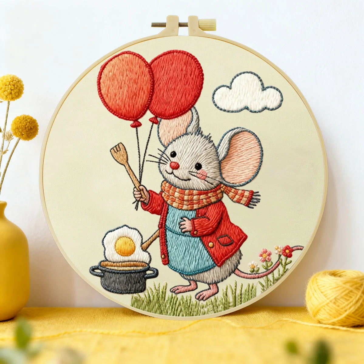 Niedliches Maus-mit-Luftballons-Stickset für Anfänger – Stickset für Anfänger mit Cartoon-Tiermotiven