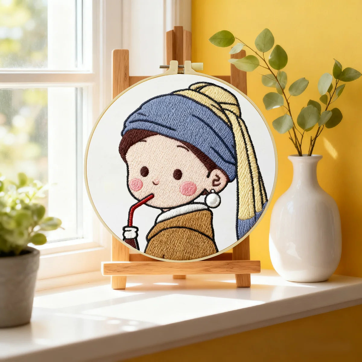 Stickset „Niedliches Mädchen trinkt Kaffee“ – DIY-Stickset für Anfänger mit Cartoon-Motiv Stickset „Niedliches Mädchen trinkt Kaffee“ – DIY-Stickset für Anfänger mit Cartoon-Motiv